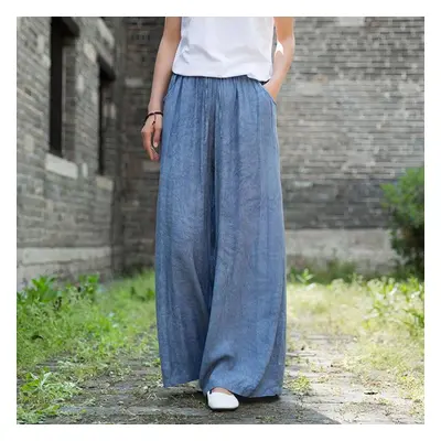 (blue, One Size) Johnature Spring Autumn Full Length Retro Pants Elastic Waist Tie Dye Wide Leg 