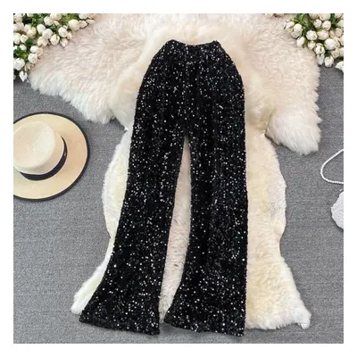 (black, One Size) Elastic Waist Sequin Straight Tube Wide Leg Pants Women&apos;s Pants Summer Ne