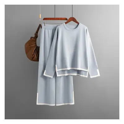 (gray, OneSize) Autumn Winter Contrast Color Open Fork Full Sleeve Knit Suit High Waist Wide Leg