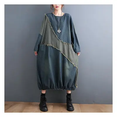 (blue, 2XL) Dimanaf Plus Size Women New Spring Dress Denim Long Sleeve Dress Fashion Long Dress 