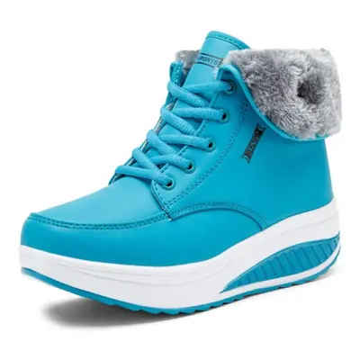 (blue, 39) Women Winter Plus Velvet Snow Boots Casual Suede Lace Up Pu Warm Slope Heel Cotton Sh