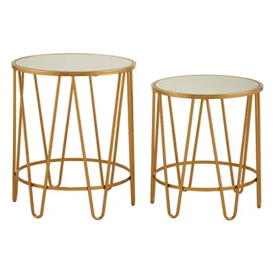 Premier Housewares Set Of Round Bedside Table For Lamp Mirror Tops With Gold Finish Tables For L