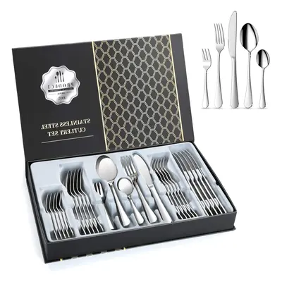 Silver Cutlery Set, 24-Piece Stainless Steel Flatware Service, Boxed Silverware Set for People