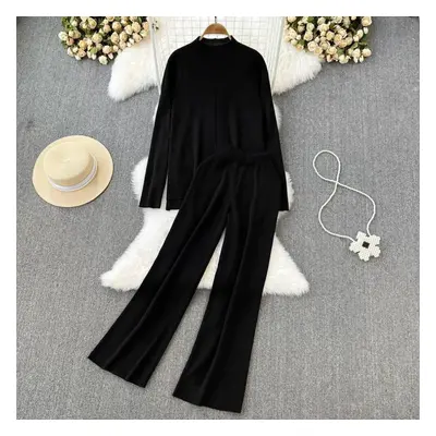 (black, One Size) Fashion Collar Loose Long-sleeved Irregular Knit Tops High Waist Thin Straight