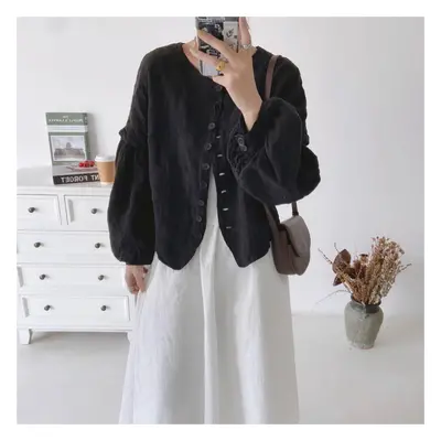 (black, One Size) Johnature Autumn Embroidery Linen Vintage Loose Women Jackets Lantern Sleeve S