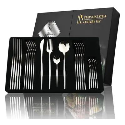 (white,silver, 24pcs + box) 24pcs Black Handle Golden Cutlery Set Stainless Steel Knife Fork Spo