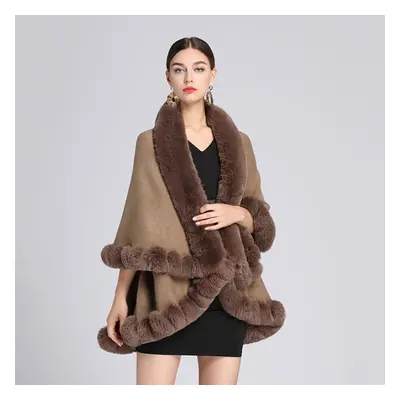 (khaki, One Size) Winter Women&apos;s Cape Shawl Fur Collar Large Size Knitted Cardigan Loose Te