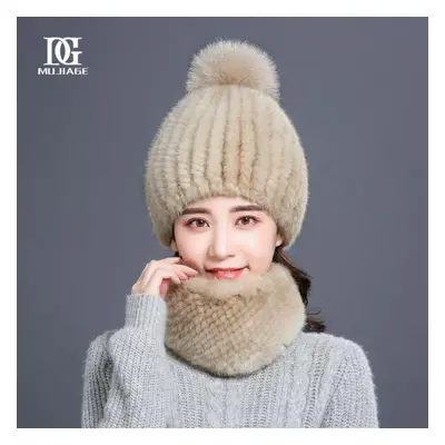 (khaki, Set (hat+scarf)) Hat Women&apos;s Winter New Korean Version Mink Hair Weaving Thickened 