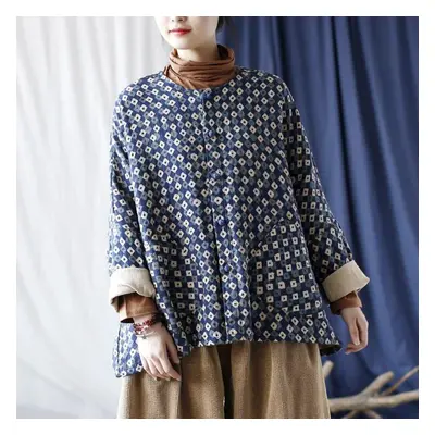 (blue, One Size) Johnature Women Vintage Print Floral Coats Button O-neck Long Sleeve Patchwork 