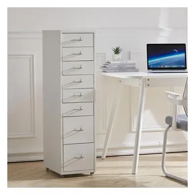 (White) 8-Drawer Metal Office Filing Cabinet Compact Storage w/ Wheels