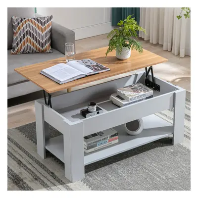 ((Grey + Pine)) Lift Top Up Coffee Table With Storage Drawer Shelf