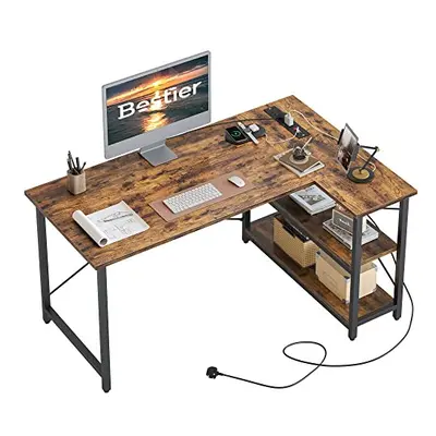 Bestier Shaped Desk with Power Outlets Small Corner Desk with Shelves 120CM Reversible Computer 