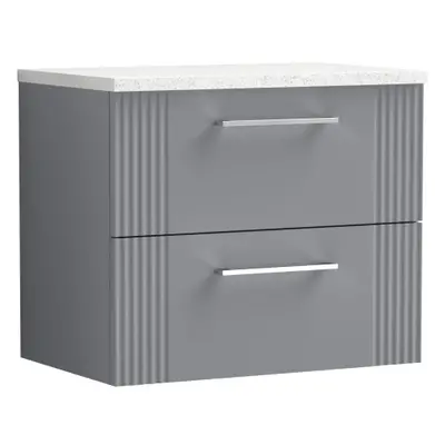 Retro Drawer Wall Hung Vanity Unit with Sparkling White Laminate Worktop - 600mm - Satin Grey - 