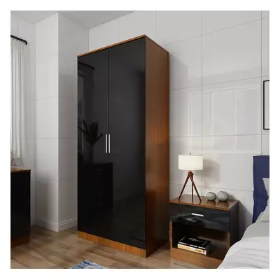 (Glossy Black&Walnut) 2-Door Wardrobe with Mirror | High Gloss Finish