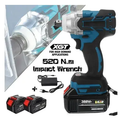 (blue, EU) Professional Brushless Electric Impact Wrench, High Torque, 18v Battery, 520n.m, 1/2"