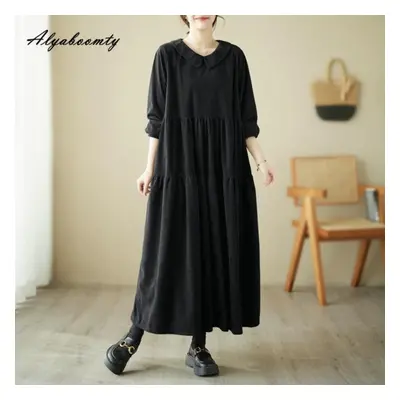 (black, One Size) Plus Size Autumn Spring Women Oversized Dress Peter Pan Collar Black Green Cof