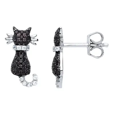 Jewelco London Ladies Sterling Silver Black Cubic Zirconia Kitty Cat Stud Earrings - GVE655