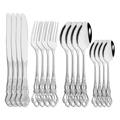 (silver) 16pcs Royal Gold Dinnerware Mirror Polish Stainless Steel Tableware Knife Fork Spoon Fo