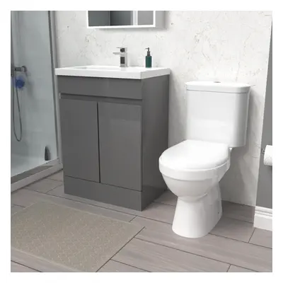 Nes Home 600mm Steel Grey Basin Vanity Unit & Close Coupled Toilet Set