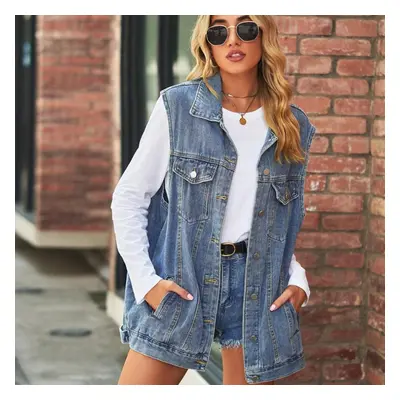 (blue, S) Women&apos;s Fashion Vintage Denim Waistcoat Loose Casual Button-down Coat