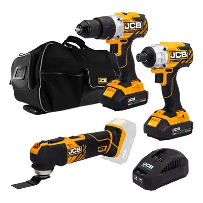 JCB 18V B/L Combi Drill B/L Impact Driver Multi Tool Kit 2x 2.0ah Lithium-Ion Batteries and char