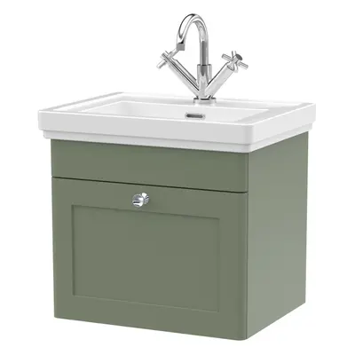 Traditional Wall Hung Drawer Vanity Unit with Tap Hole Fireclay Basin, 500mm - Satin Green