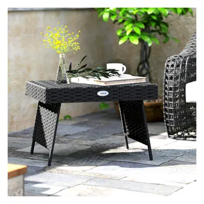 Outsunny Foldable Outdoor Coffee Table, Steel Frame Rattan Side Table, Black