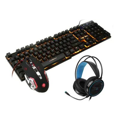 (Black (Orange Backlit)) 104-Key Waterproof Wired Mechanical Keyboard Headphones Mice Combo With