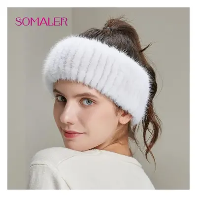 (white) Somaler Winter Women&apos;s Mink Fur Headband Hand-sewn Fur Girl Headwear Fashion Female