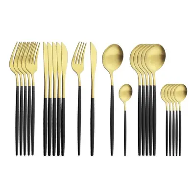 (black,gold) 24pcs Gold Matte Cutlery Set Stainless Steel Dinnerware Set Silver Knife Fork Spoon