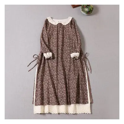 (pink, One Size) Japanese Mori Girl Spring Autumn Women Cotton Linen Dress Peter Pan Collar Flor