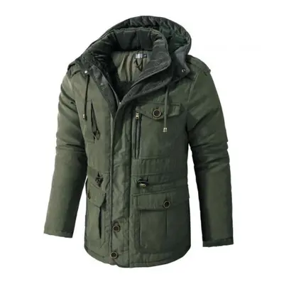 (green, M) Winter Men Parka Jackets Hooded Thicken Fleece Windbreaker Coats Outerwear Military C