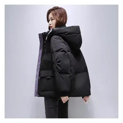 (black, M) Korean Style Women&apos;s Loose Fit Hooded Coat For Winter