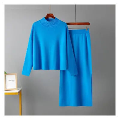 (blue, One Size) Women&apos;s Autumn Loose Fashion Two Piece Set Sweater Solid Color All Match S