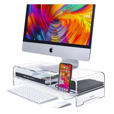 BEYGORM Acrylic Monitor Stand Riser Wide 20"" Tier Computer with Storage Desk Organizer Desktop 