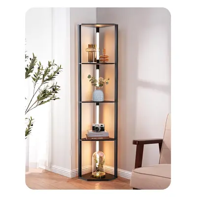 (Black) LED Floor Lamp with Shelf, 4-Layer Wooden Dimmable Standing Lamp, Rotating Lamp Bar, Liv