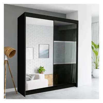 (150cm, Black ) Fort High Gloss Sliding Door Wardrobe with Drawers