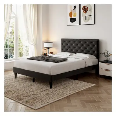 (Black with Adjustable Button) 135cm*190cm, Double Upholstered Velvet Bed Frame