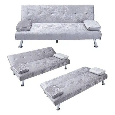 (Silver Flannel) Sofa Bed Faux Leather Sofa Bed Recliner Seater