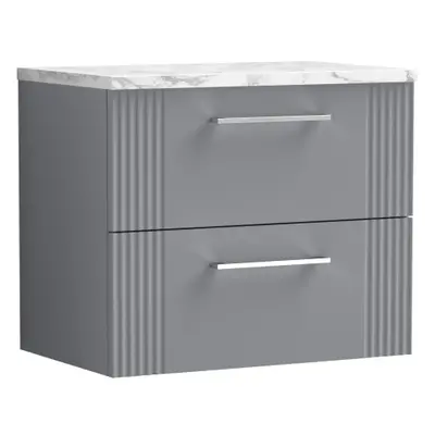 Retro Drawer Wall Hung Vanity Unit with Carrera Marble Laminate Worktop - 600mm - Satin Grey - B