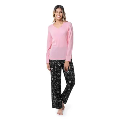 Fruit of the Loom Women's Waffle V-Neck Top and Flannel Pant Sleep Set Soft Pink/Cosmic Sky Larg