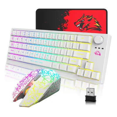 (White) 64-Keys Translucent RGB Gaming Wireless Keyboard with Adjustable Mouse Pad for PC Laptop