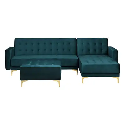 Left Hand Velvet Corner Sofa with Ottoman Teal ABERDEEN