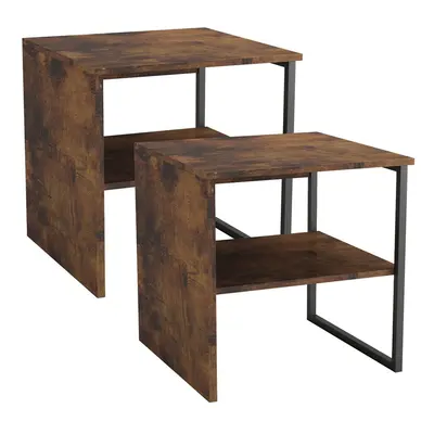 (Rustic Brown) 2pcs 40cm Wood & Steel Bedside Nightstand Unit Table Open Storage Shelf