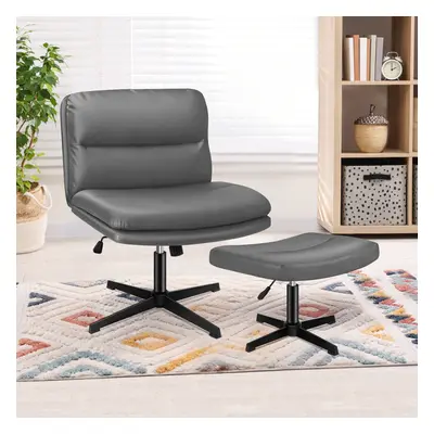 (PU leather - Grey) ELFORDSON Office Chair Executive Computer Seat Work Cross Legged Ottoman