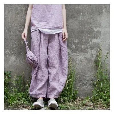 (purple, One Size) Johnature Women Vintage Linen Wide Leg Pants Elastic Waist Purple Summer Trou