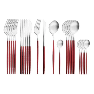 (red,silver) 24pcs Gold Matte Cutlery Set Stainless Steel Dinnerware Set Silver Knife Fork Spoon