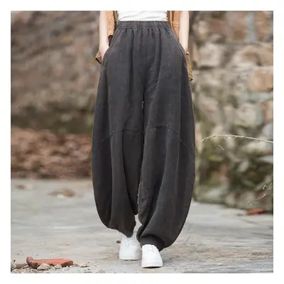 (black, One Size) Johnature Women Vintage Ramie Wide Leg Pants Solid Color Elastic Waist Trouser