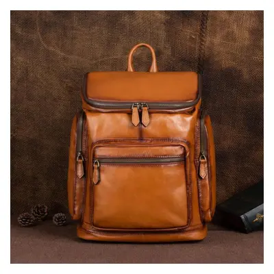 (brown) Johnature Vintage Genuine Leather Men Backpack Large Capacity Outdoor Travel Bags Natura