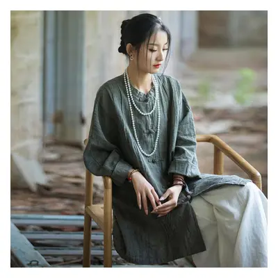 (dark green, One Size) Johnature Women Chinese Style Ramie Shirts Stand Long Sleeve Autumn Blous